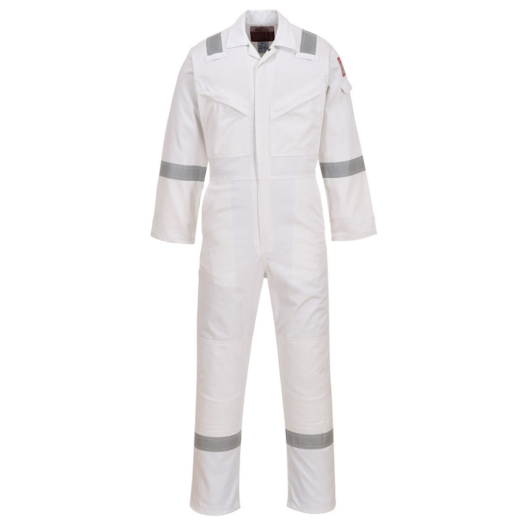 A white coverall featuring flame-resistant fabric, suitable for a wide range of outdoor and site work applications.