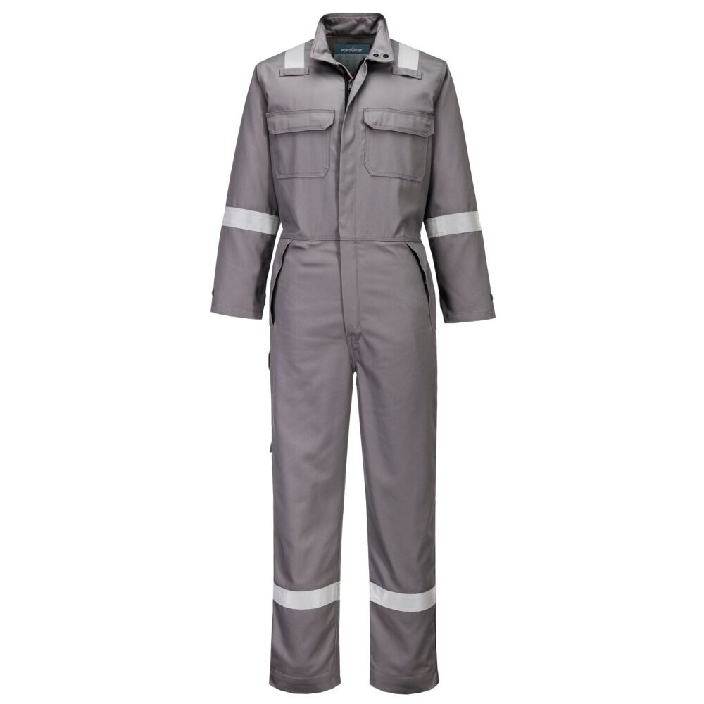A grey coverall featuring flame-resistant fabric, suitable for a wide range of outdoor and site work applications.