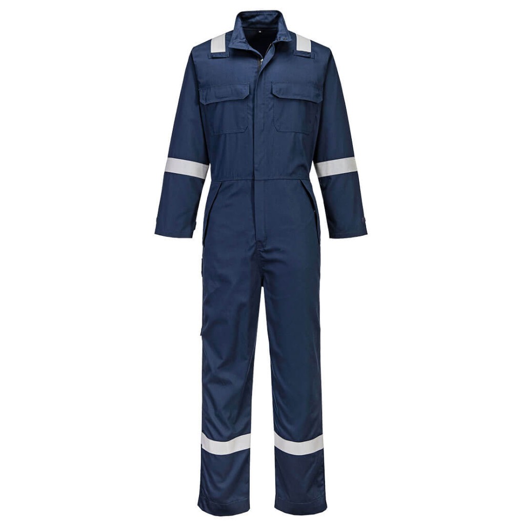 A navy blue coverall featuring flame-resistant fabric, suitable for a wide range of outdoor and site work applications.