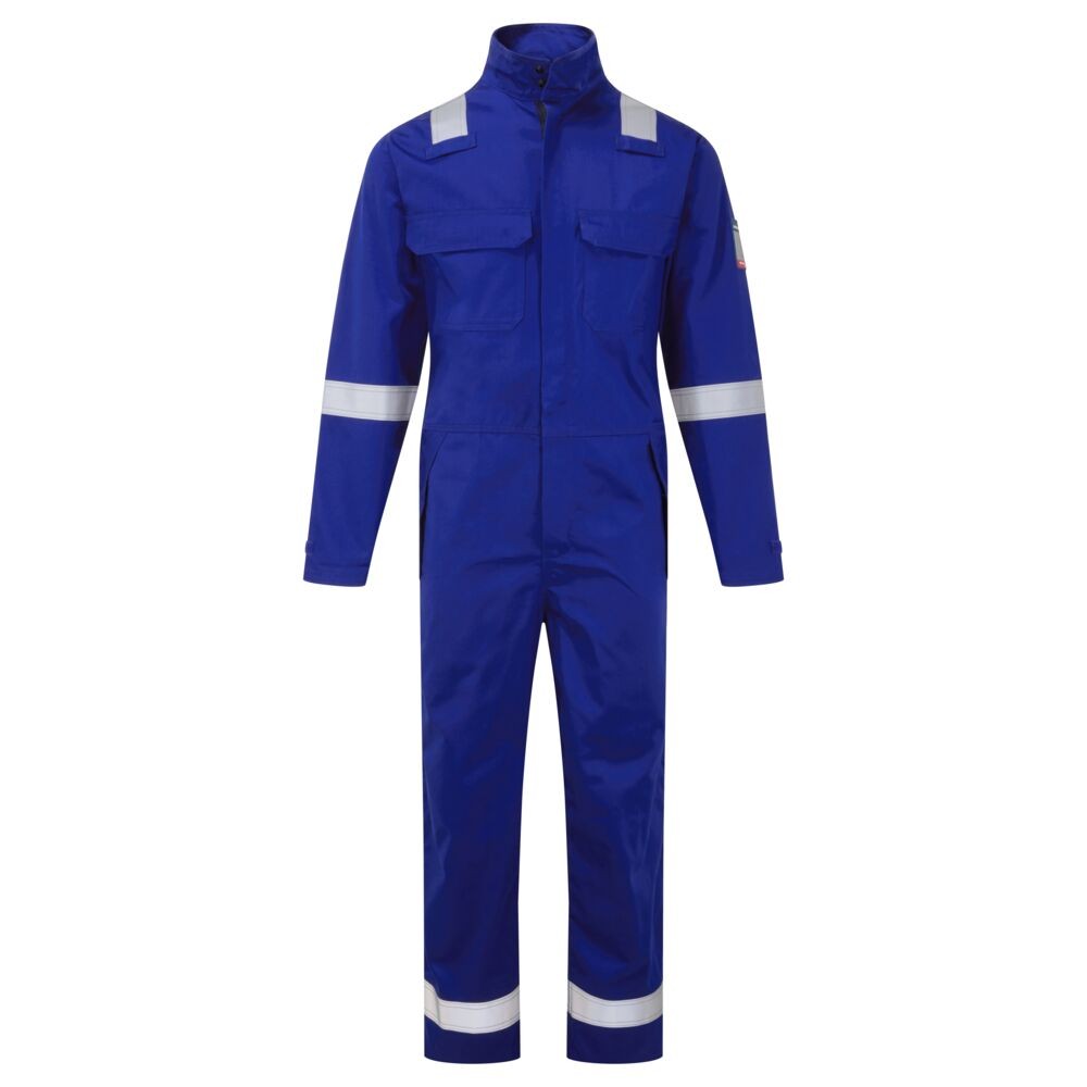 A blue coverall featuring flame-resistant fabric, suitable for a wide range of outdoor and site work applications.
