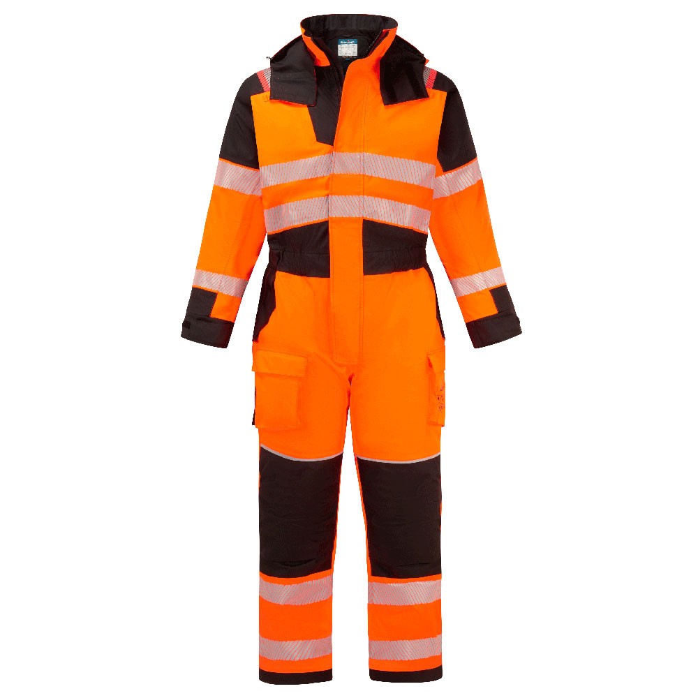 A high-visibility orange coverall featuring retroreflective tape panels, flame-resistant fabric, suitable for a wide range of outdoor and site work applications.