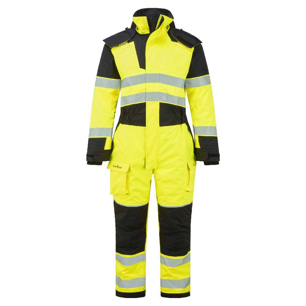 A high-visibility yellow coverall featuring retroreflective tape panels, flame-resistant fabric, suitable for a wide range of outdoor and site work applications.