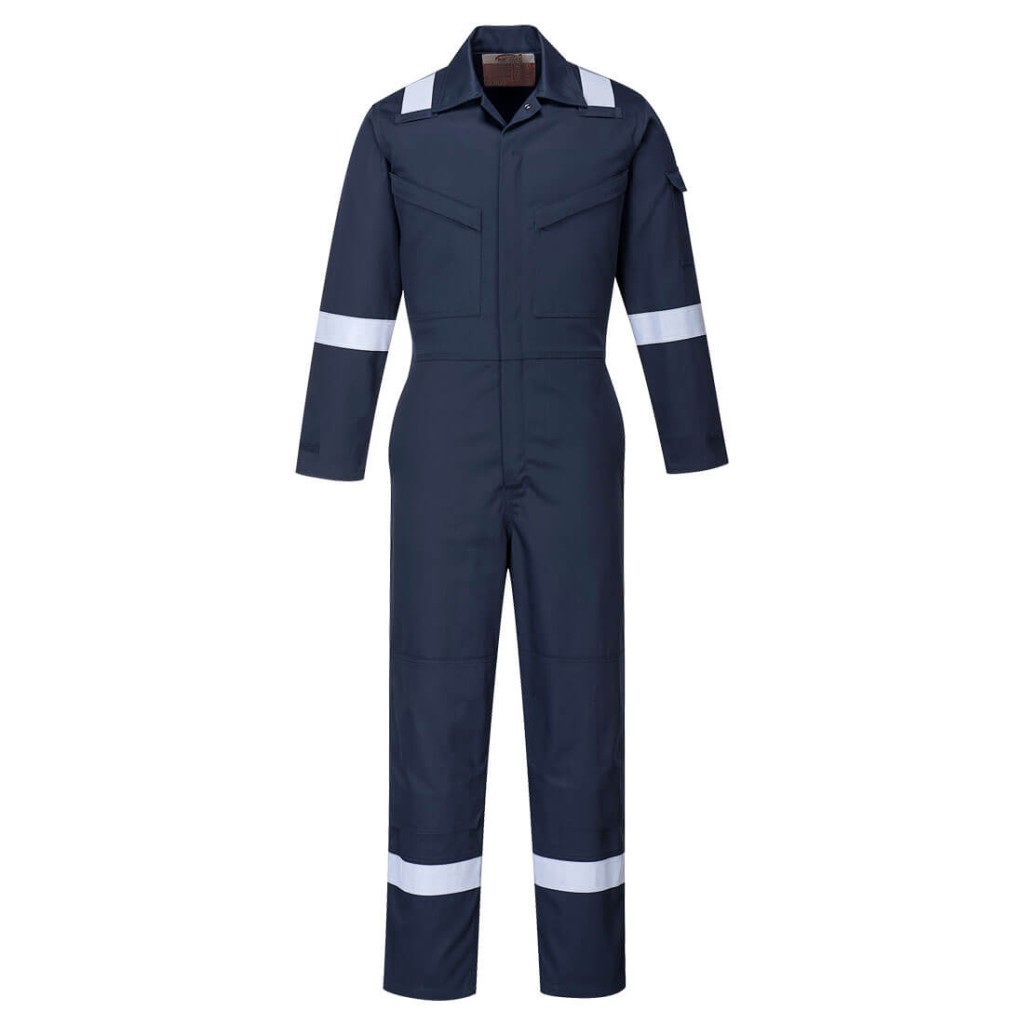 A women's navy blue coverall featuring flame-resistant fabric, suitable for a wide range of outdoor and site work applications.