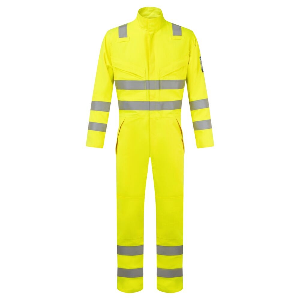 A high-visibility yellow coverall featuring retroreflective tape panels, flame-resistant fabric, suitable for a wide range of outdoor and site work applications.