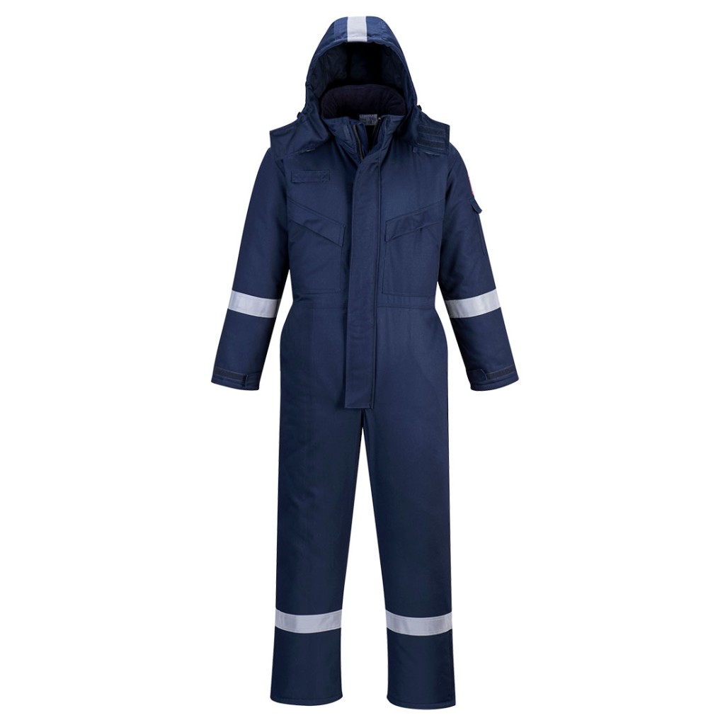 A navy blue coverall featuring a warm thermal lining, flame-resistant fabric, suitable for a wide range of outdoor and site work applications.