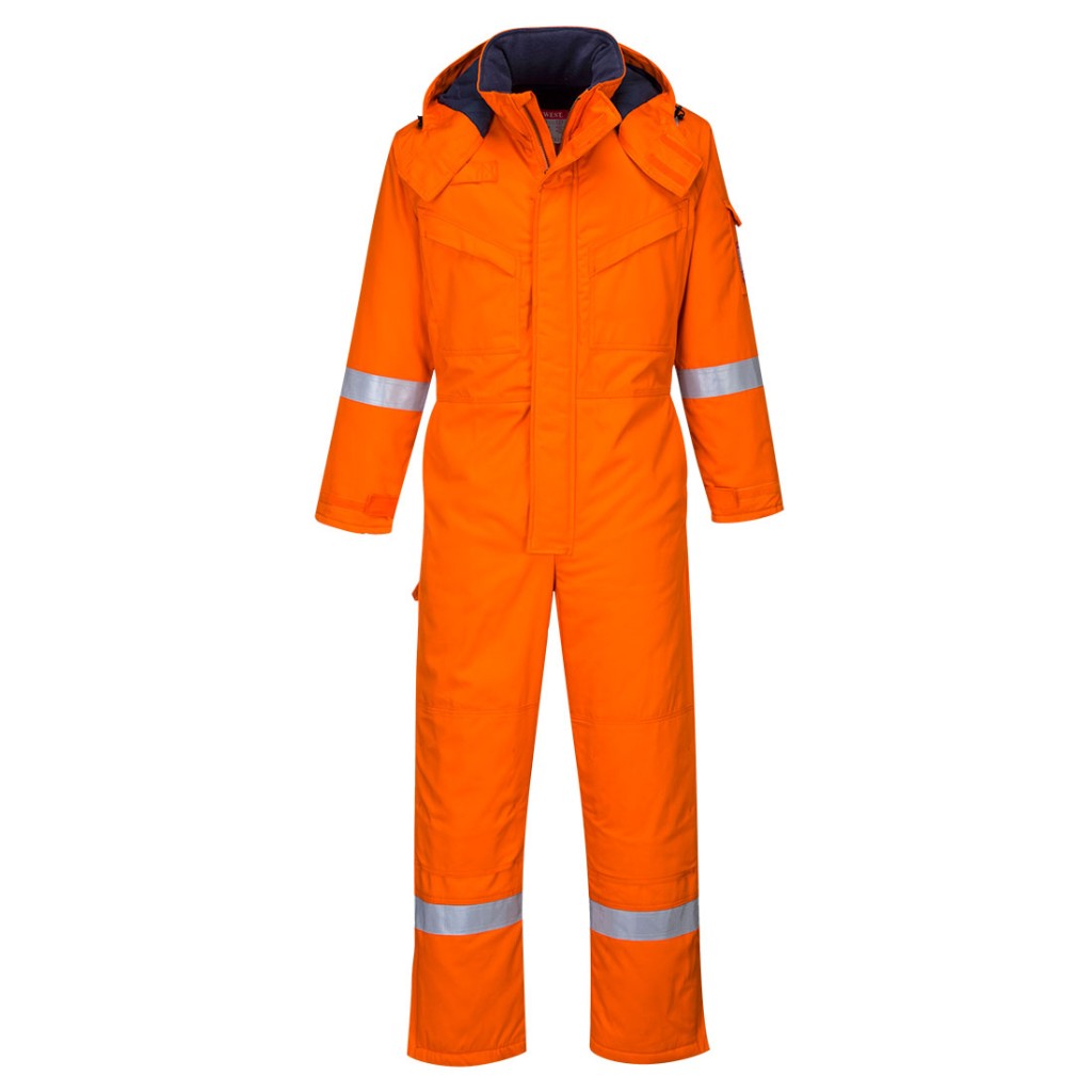 A orange coverall featuring a warm thermal lining, flame-resistant fabric, suitable for a wide range of outdoor and site work applications.