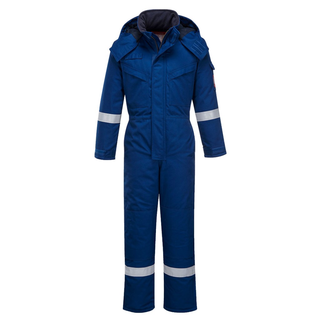 A blue coverall featuring a warm thermal lining, flame-resistant fabric, suitable for a wide range of outdoor and site work applications.