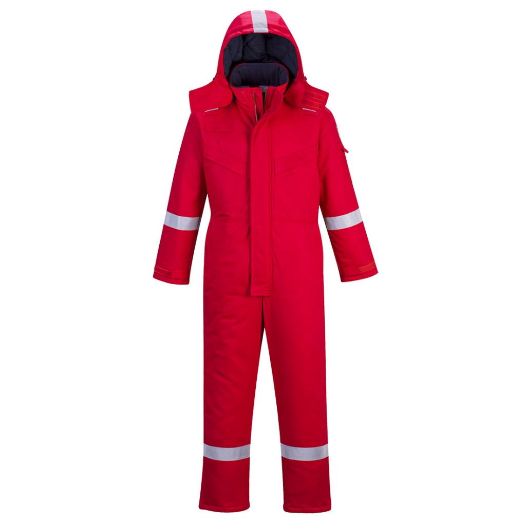 A red coverall featuring a warm thermal lining, flame-resistant fabric, suitable for a wide range of outdoor and site work applications.