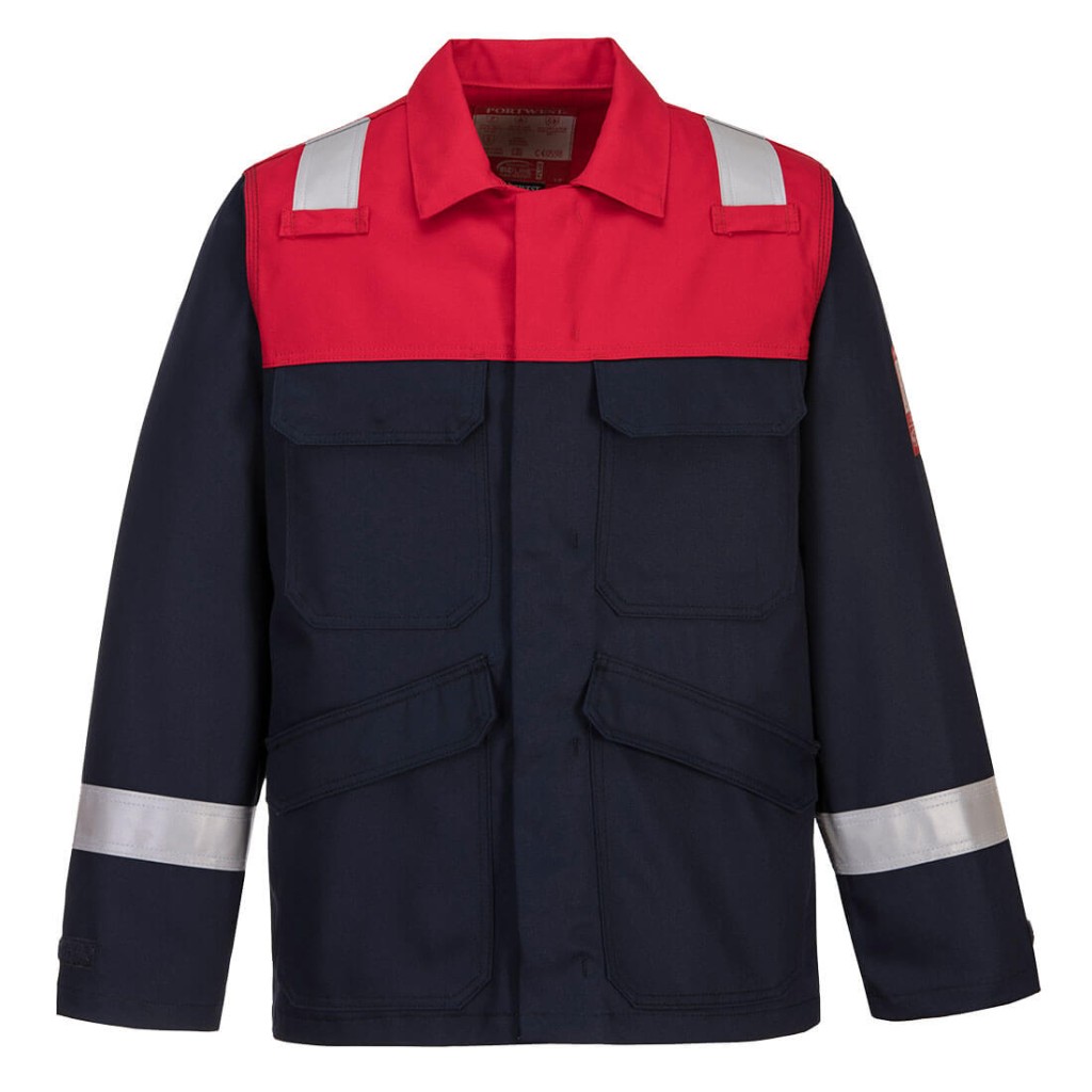A navy blue jacket featuring flame-resistant fabric, suitable for a wide range of outdoor and site work applications.
