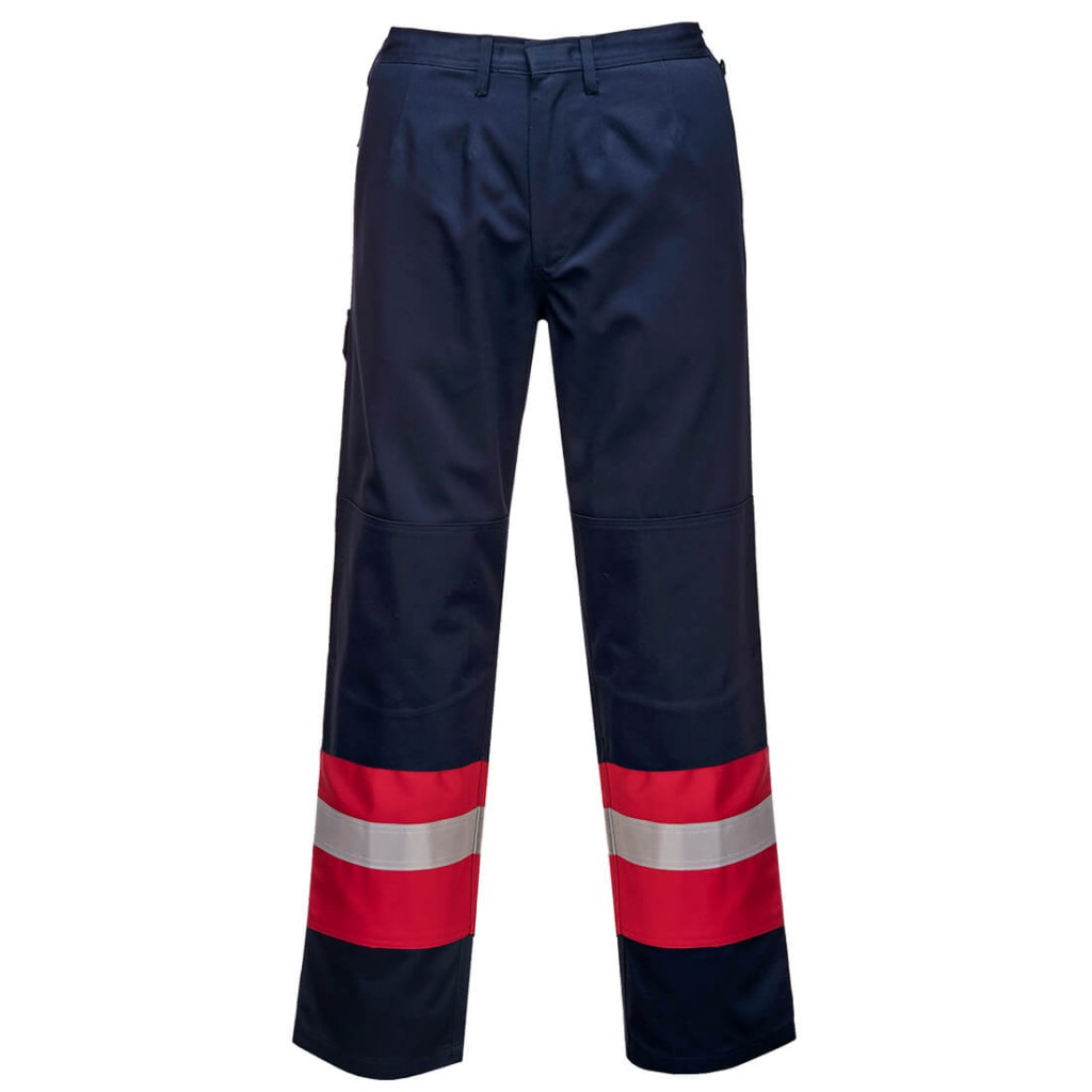 A pair of navy blue work trousers featuring flame-resistant fabric, suitable for a wide range of outdoor and site work applications.