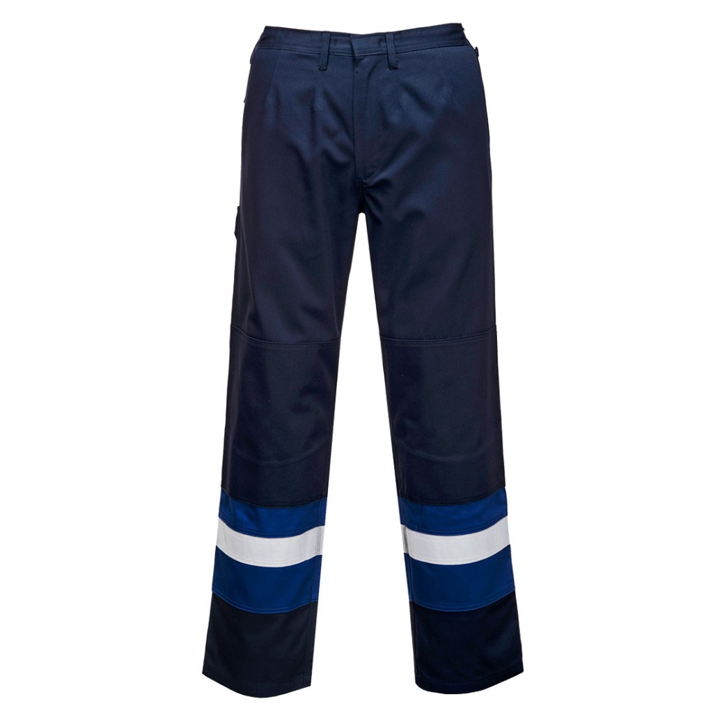 A pair of navy blue work trousers featuring flame-resistant fabric, suitable for a wide range of outdoor and site work applications.