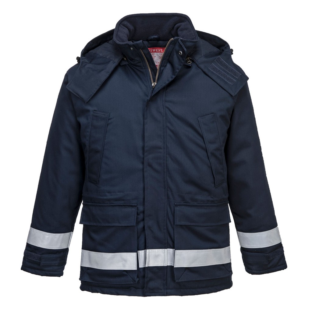 A navy blue padded jacket featuring a warm thermal lining, flame-resistant fabric, suitable for a wide range of outdoor and site work applications.