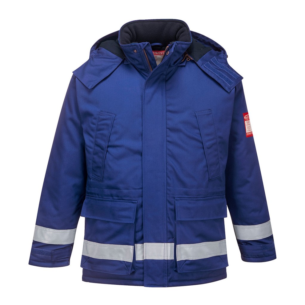 A blue padded jacket featuring a warm thermal lining, flame-resistant fabric, suitable for a wide range of outdoor and site work applications.