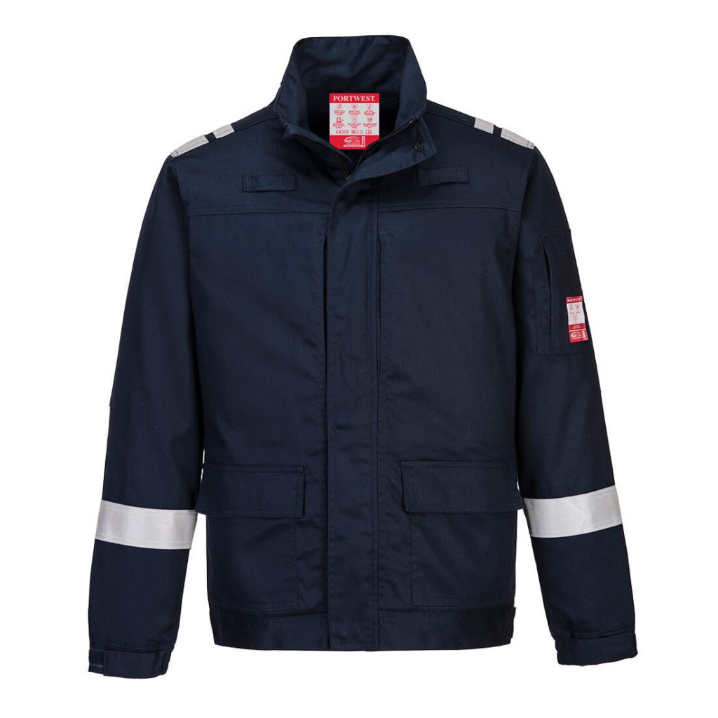 A navy blue jacket featuring stretch panels for ease of movement, flame-resistant fabric, suitable for a wide range of outdoor and site work applications.