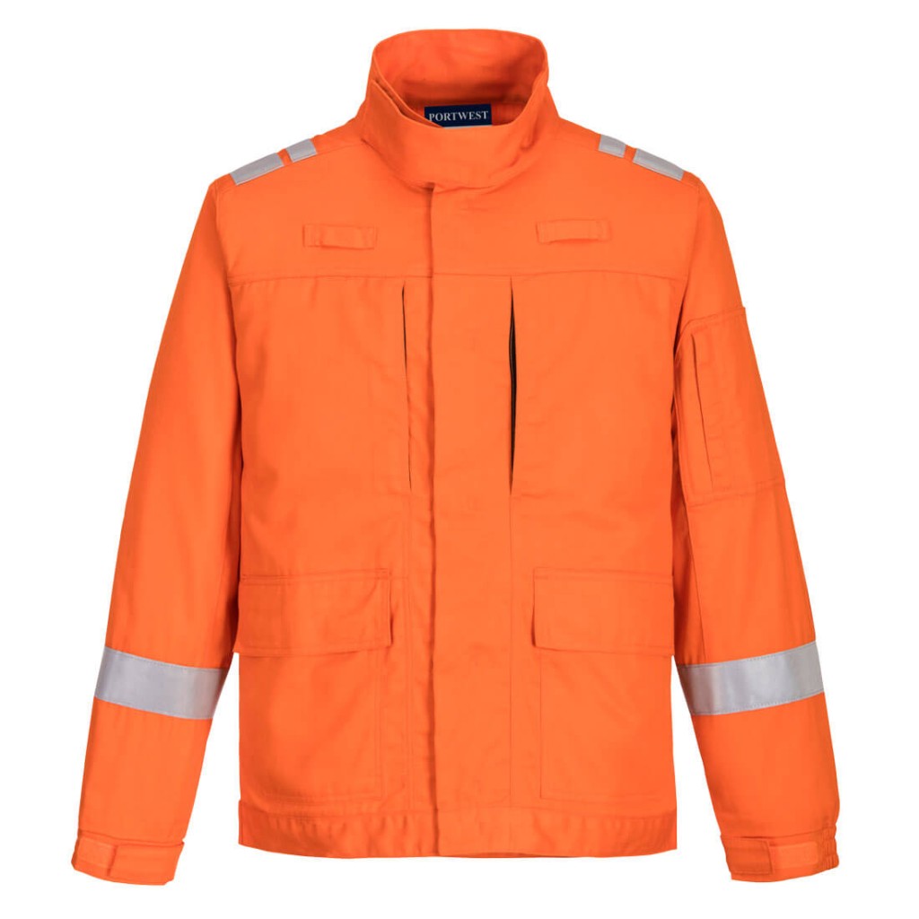 A orange jacket featuring stretch panels for ease of movement, flame-resistant fabric, suitable for a wide range of outdoor and site work applications.