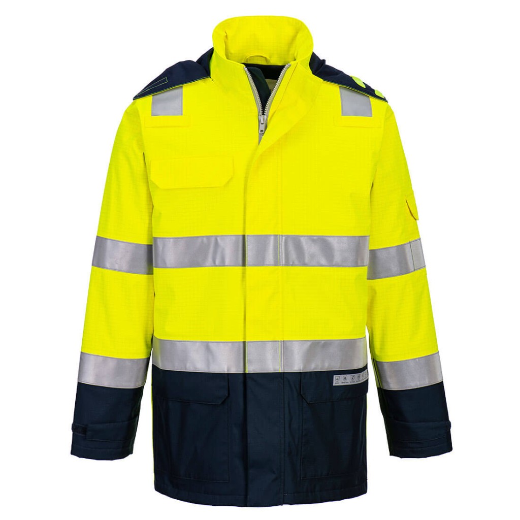 A high-visibility yellow waterproof jacket featuring retroreflective tape panels, flame-resistant fabric, suitable for a wide range of outdoor and site work applications.