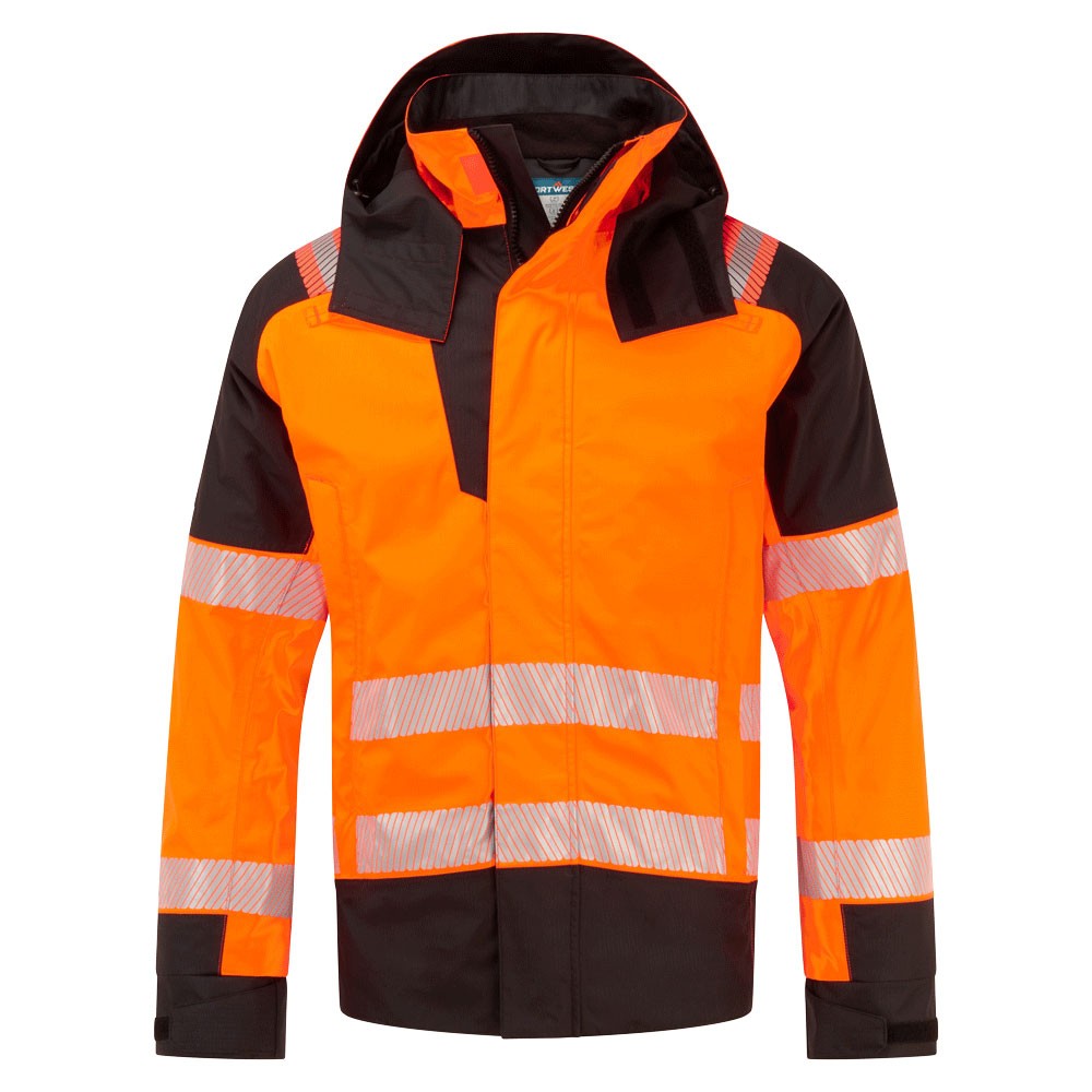 A high-visibility orange waterproof jacket featuring retroreflective tape panels, flame-resistant fabric, suitable for a wide range of outdoor and site work applications.