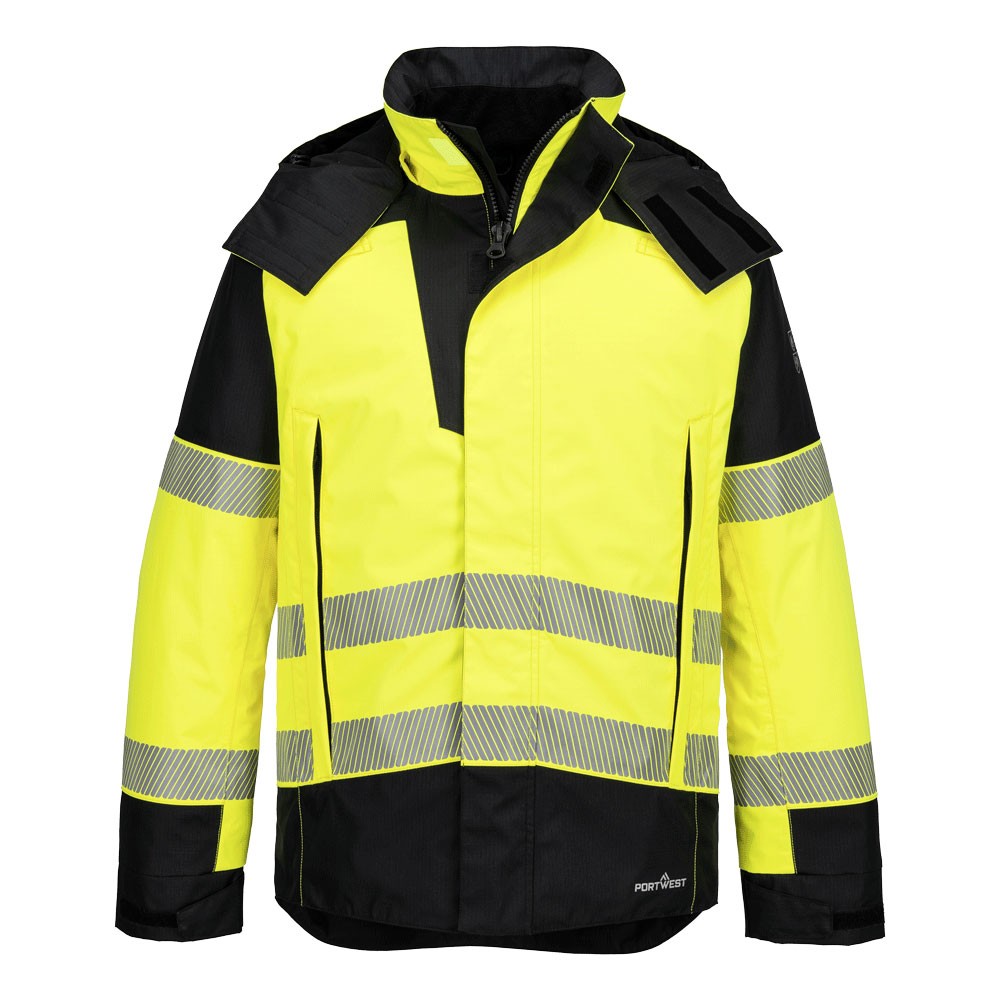 A high-visibility yellow waterproof jacket featuring retroreflective tape panels, flame-resistant fabric, suitable for a wide range of outdoor and site work applications.