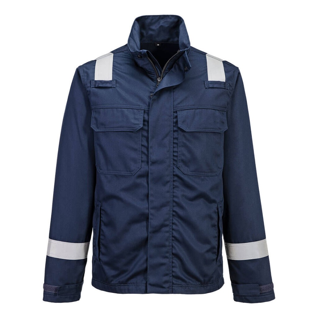 A navy blue jacket featuring flame-resistant fabric, suitable for a wide range of outdoor and site work applications.