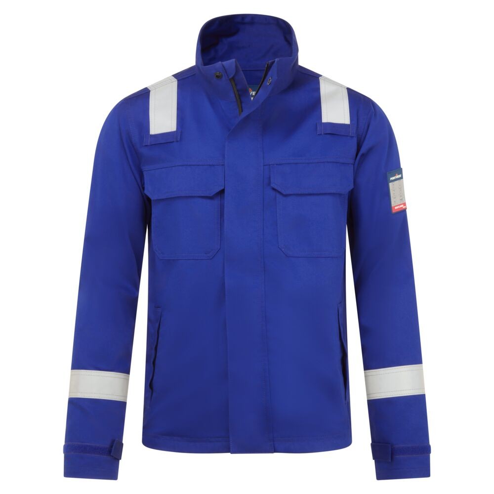 A blue jacket featuring flame-resistant fabric, suitable for a wide range of outdoor and site work applications.