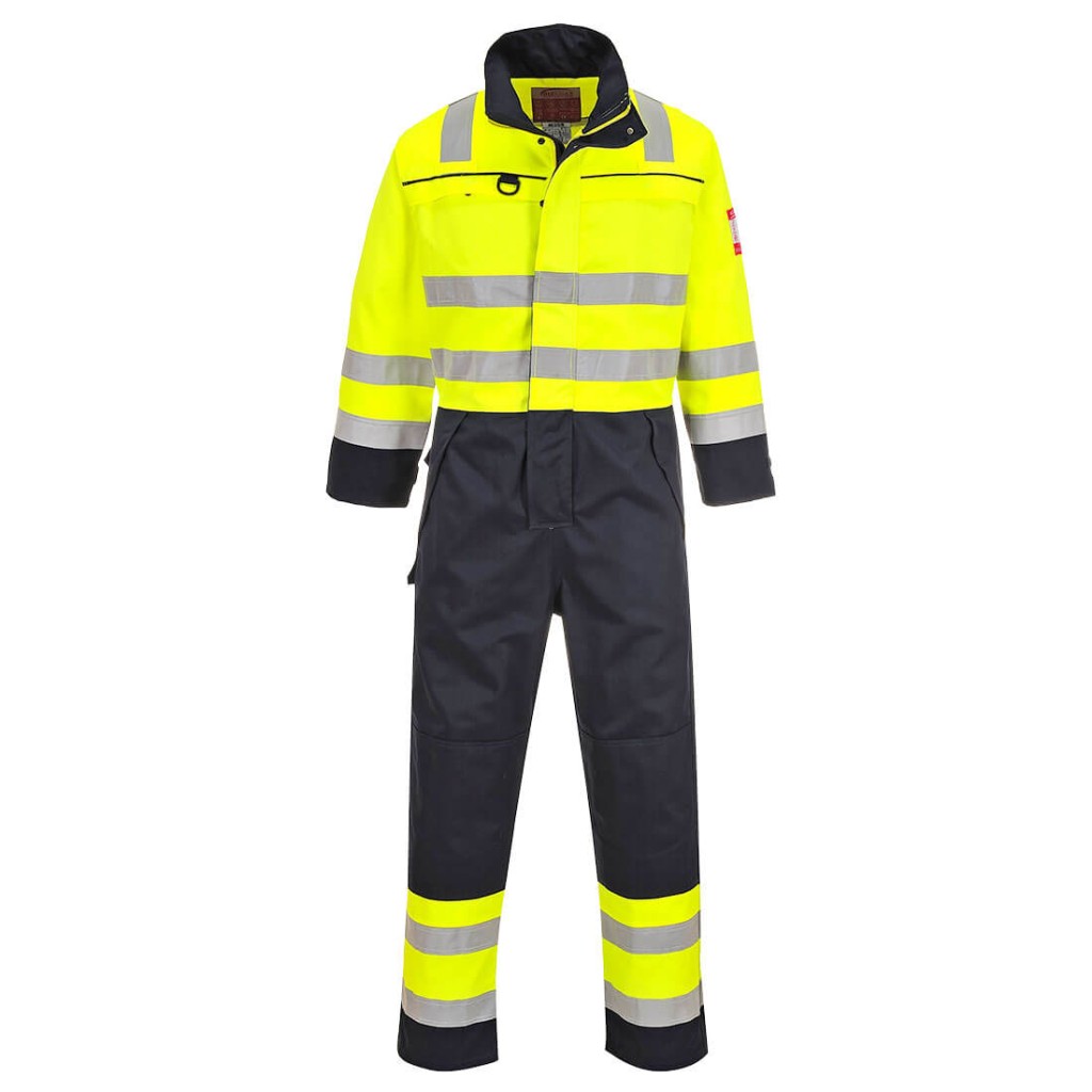 A high-visibility yellow coverall featuring retroreflective tape panels, flame-resistant fabric, suitable for a wide range of outdoor and site work applications.