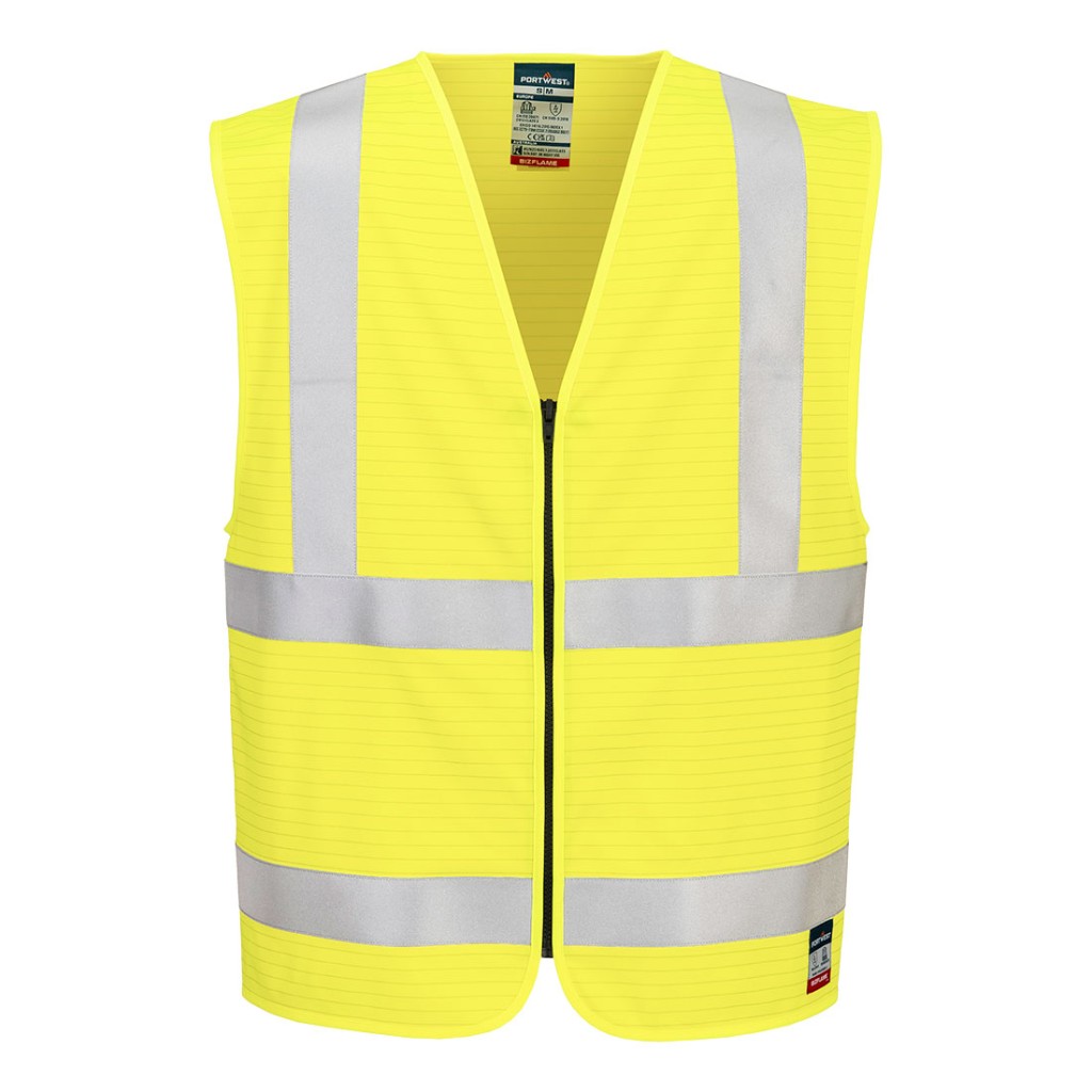 A high-visibility yellow vest featuring retroreflective tape panels, a full-length zip front, flame-resistant fabric, suitable for a wide range of outdoor and site work applications.