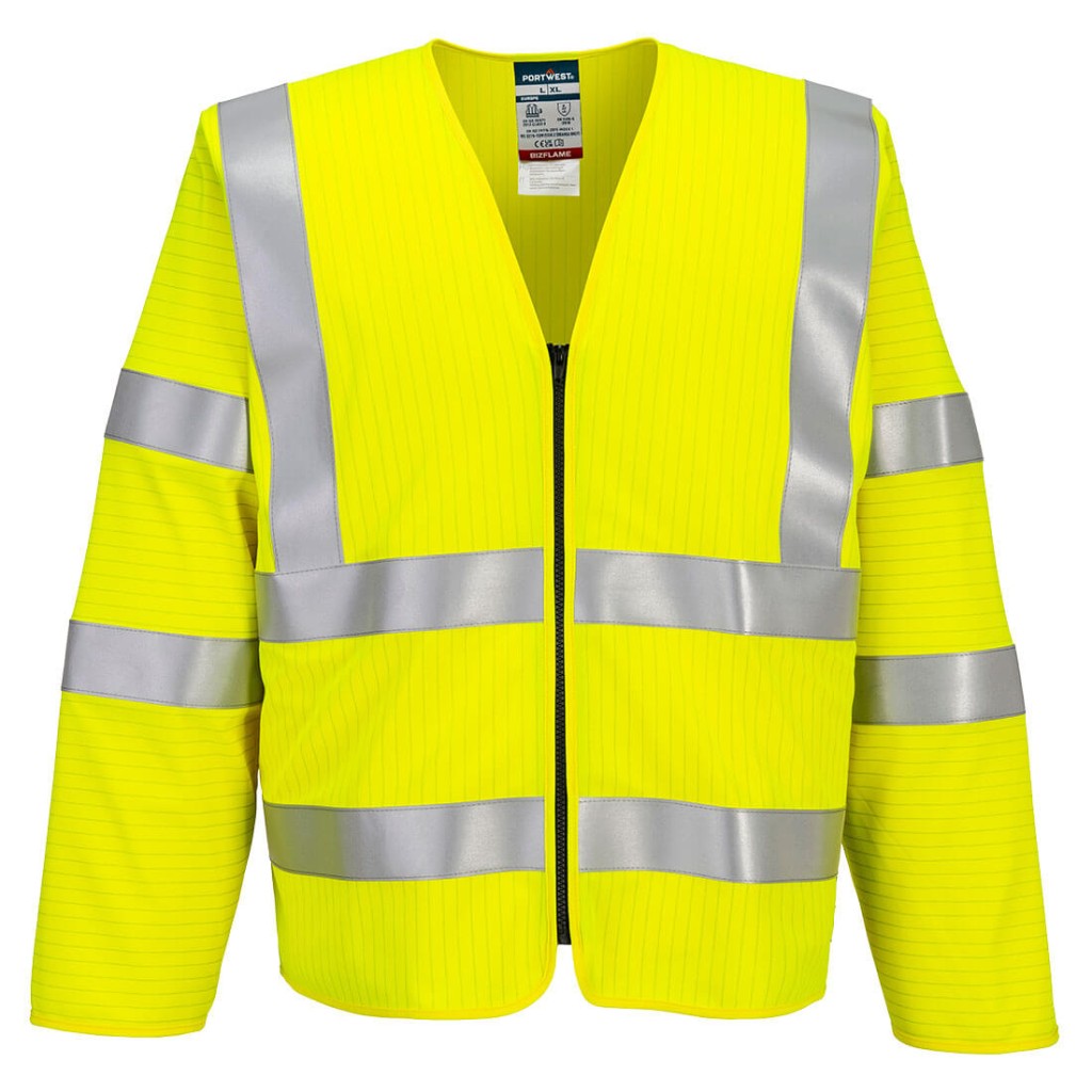 A high-visibility yellow vest featuring retroreflective tape panels, a full-length zip front, flame-resistant fabric, suitable for a wide range of outdoor and site work applications.