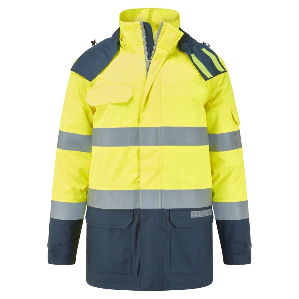 A high-visibility yellow waterproof jacket featuring retroreflective tape panels, flame-resistant fabric, suitable for a wide range of outdoor and site work applications.