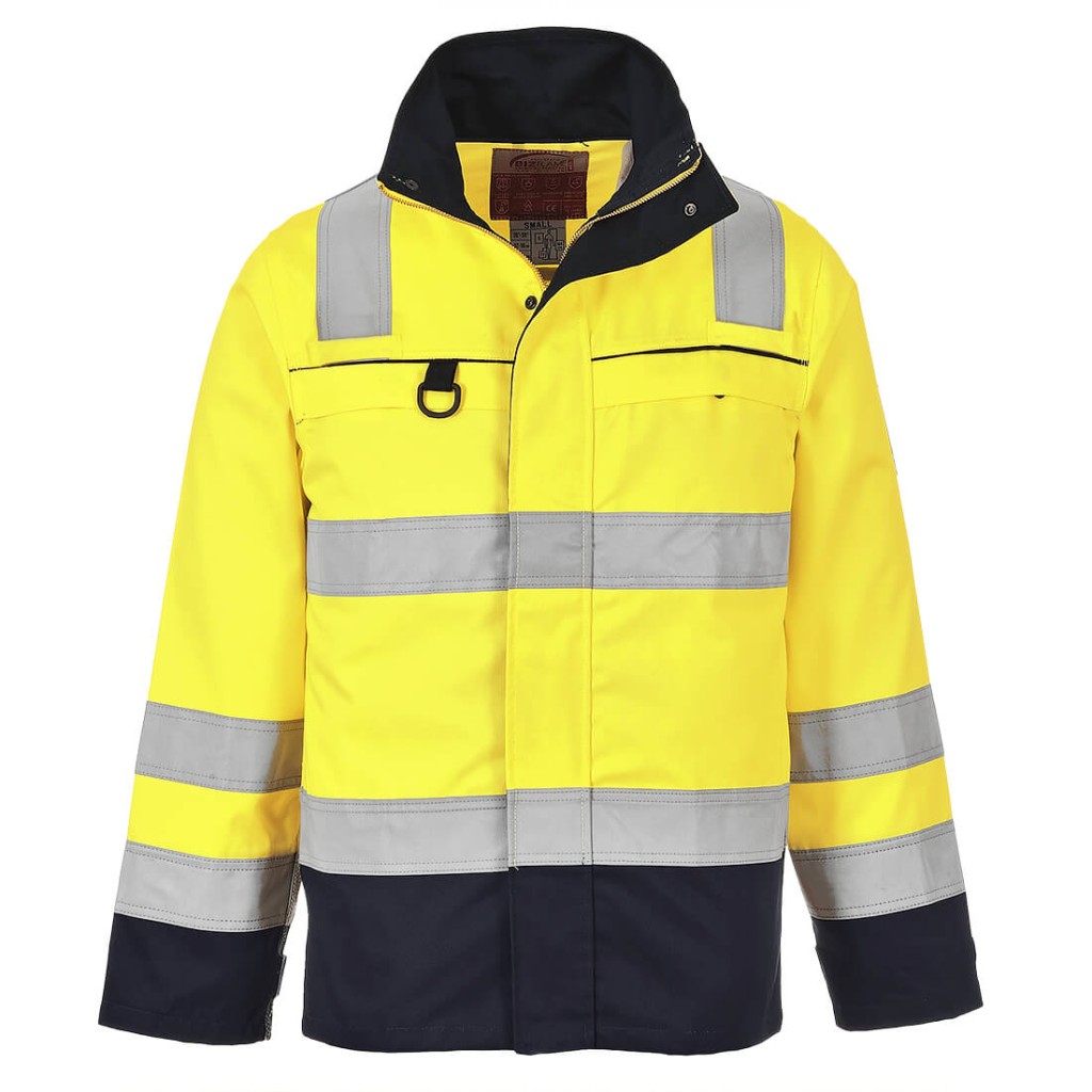 A high-visibility yellow jacket featuring retroreflective tape panels, flame-resistant fabric, suitable for a wide range of outdoor and site work applications.