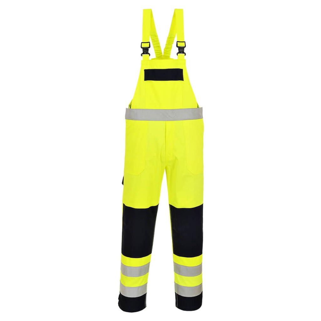 A high-visibility yellow workwear garment featuring retroreflective tape panels, flame-resistant fabric, suitable for a wide range of outdoor and site work applications.