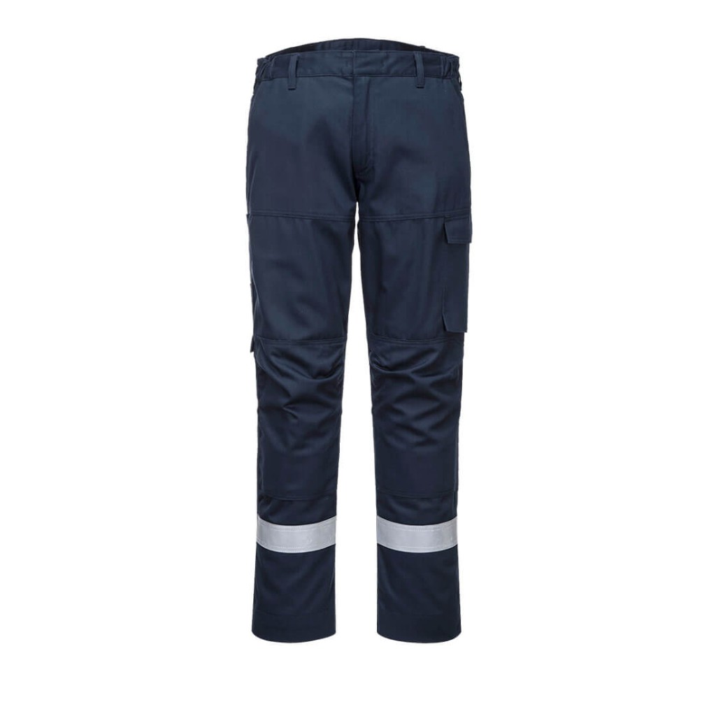 A pair of navy blue work trousers featuring flame-resistant fabric, suitable for a wide range of outdoor and site work applications.