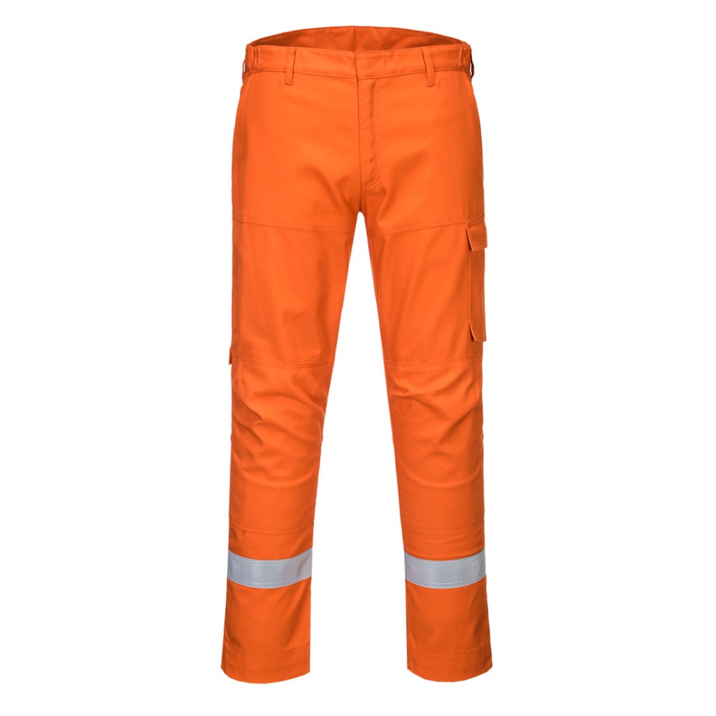 A pair of orange work trousers featuring flame-resistant fabric, suitable for a wide range of outdoor and site work applications.