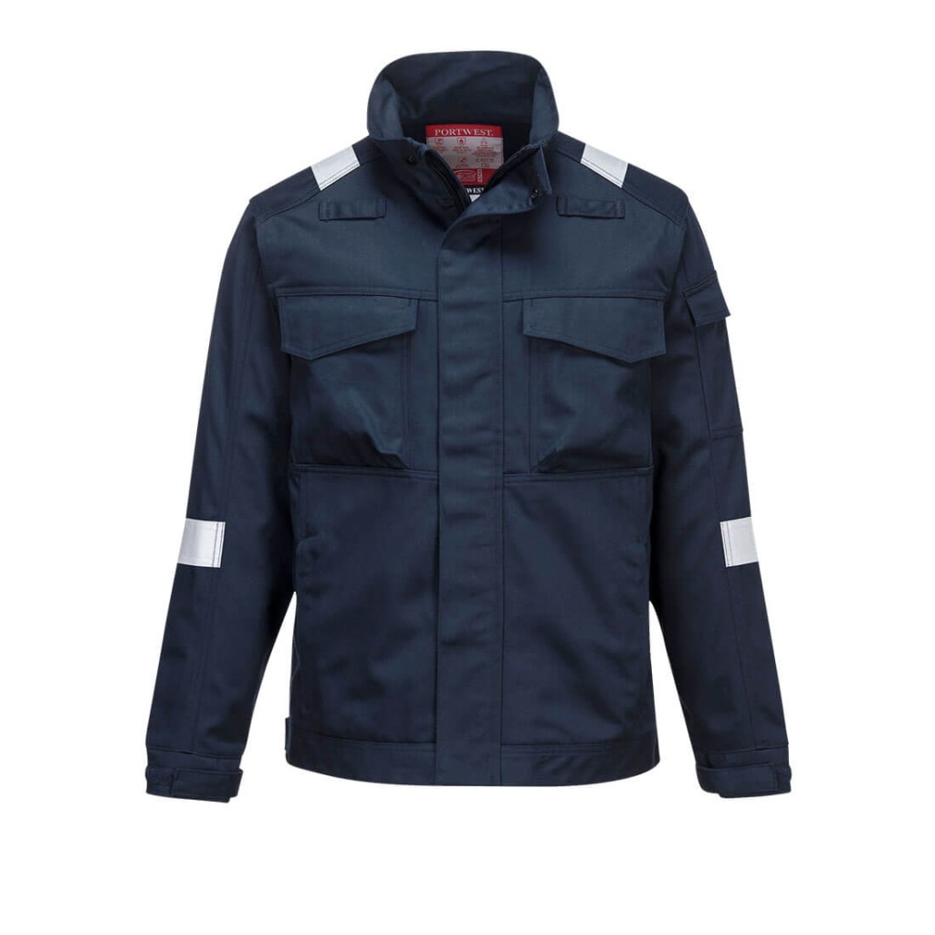 A navy blue jacket featuring flame-resistant fabric, suitable for a wide range of outdoor and site work applications.