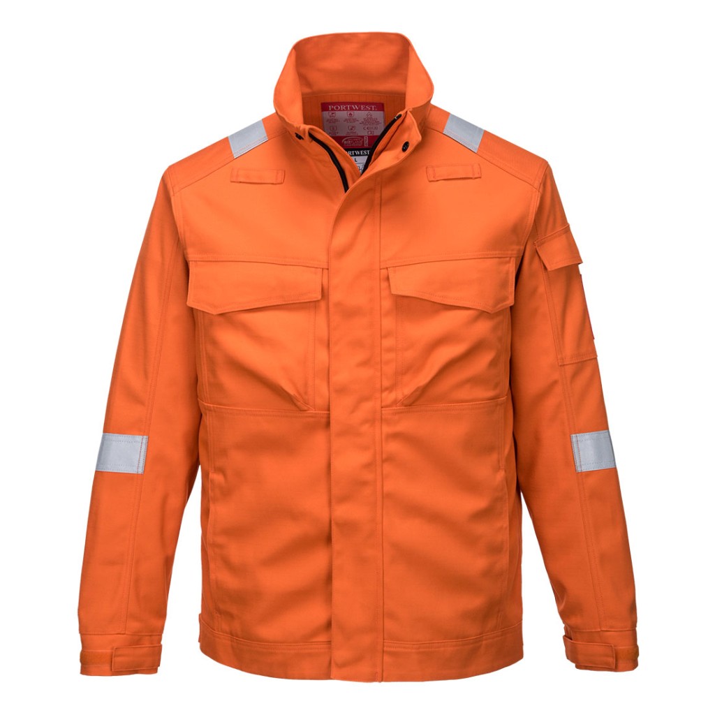 A orange jacket featuring flame-resistant fabric, suitable for a wide range of outdoor and site work applications.