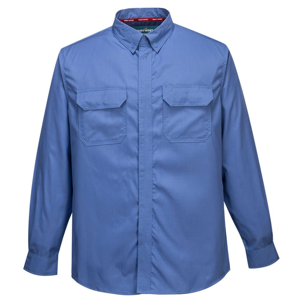 A blue work shirt featuring flame-resistant fabric, suitable for a wide range of outdoor and site work applications.