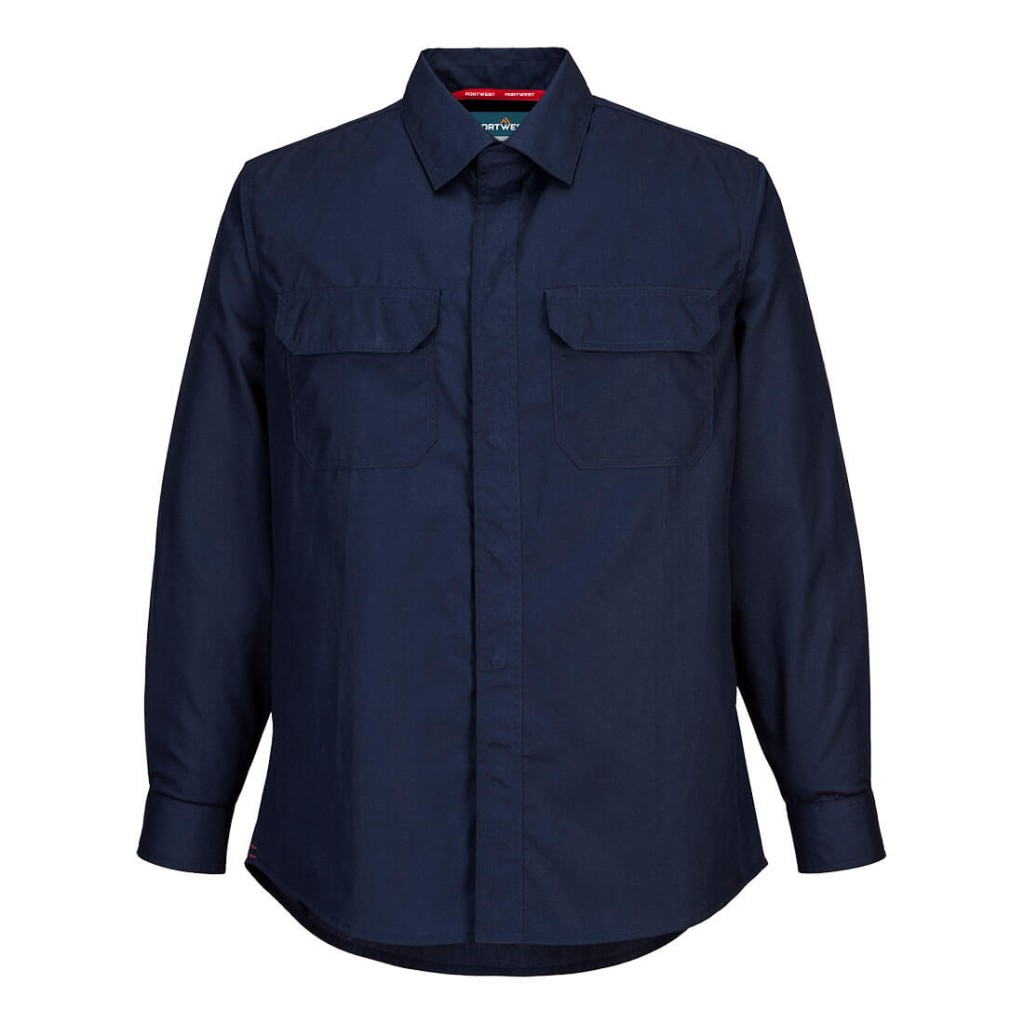 A navy blue work shirt featuring flame-resistant fabric, suitable for a wide range of outdoor and site work applications.