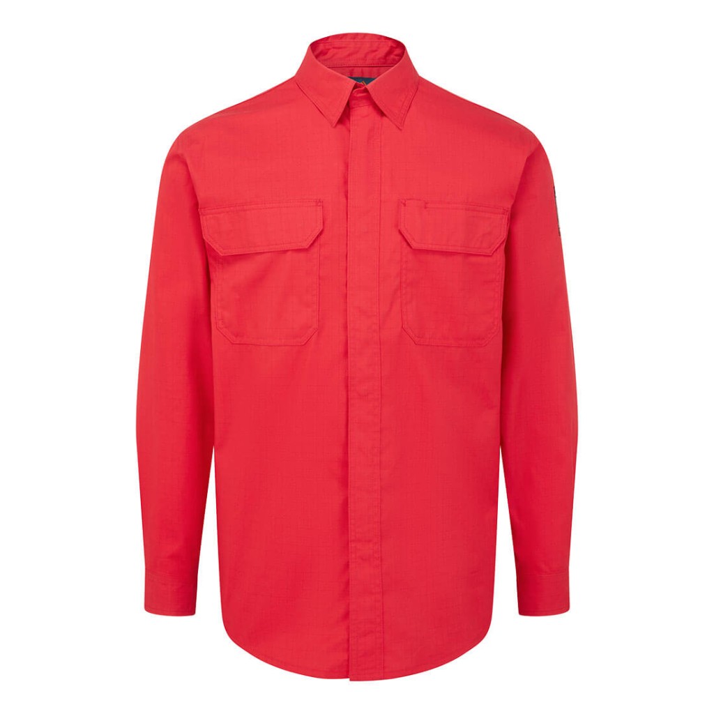 A red work shirt featuring flame-resistant fabric, suitable for a wide range of outdoor and site work applications.