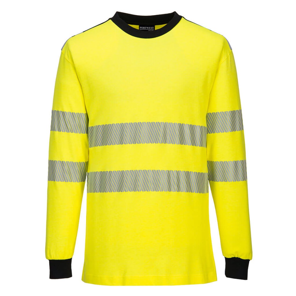 A high-visibility yellow work shirt featuring retroreflective tape panels, flame-resistant fabric, suitable for a wide range of outdoor and site work applications.