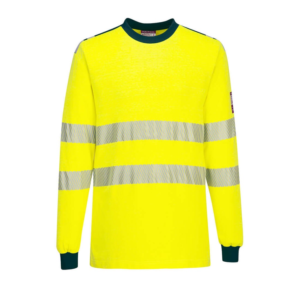 A high-visibility yellow work shirt featuring retroreflective tape panels, flame-resistant fabric, suitable for a wide range of outdoor and site work applications.