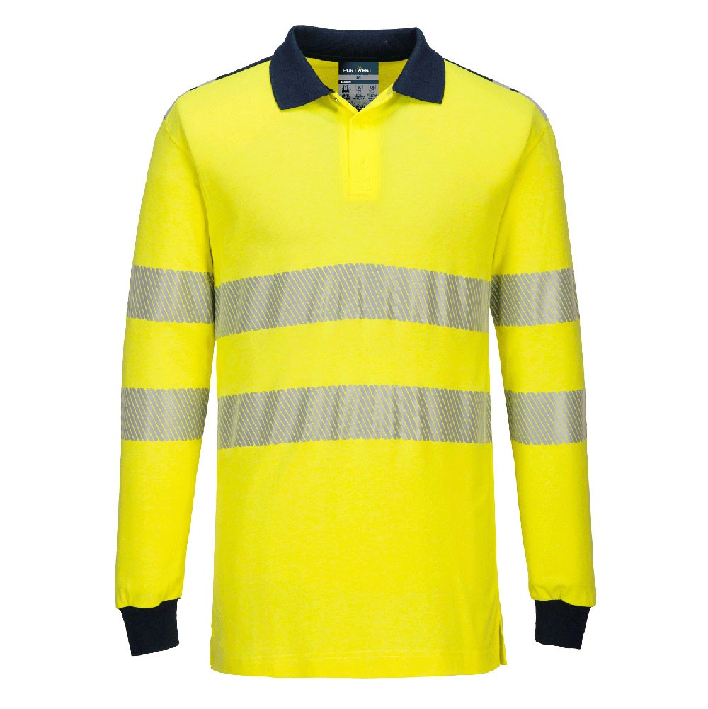 A high-visibility yellow polo shirt featuring retroreflective tape panels, flame-resistant fabric, suitable for a wide range of outdoor and site work applications.
