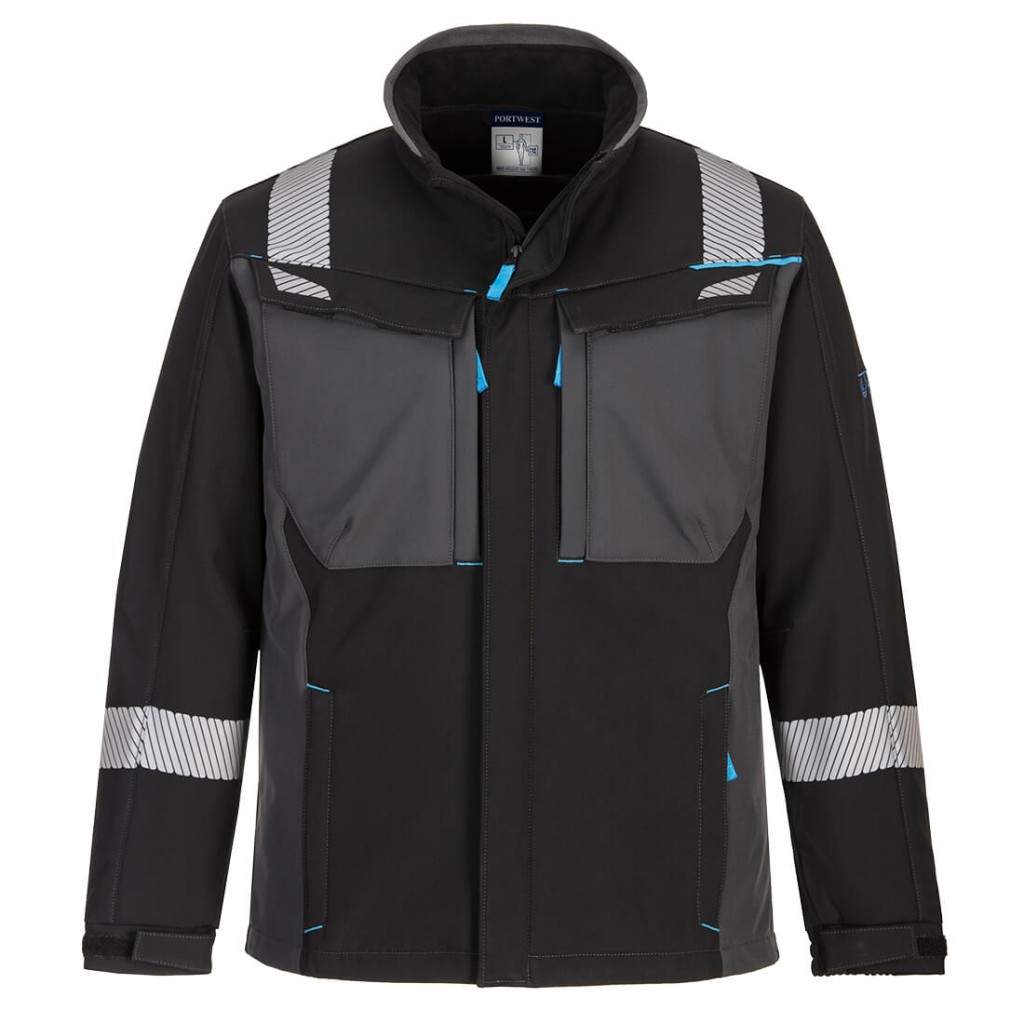 A black softshell jacket featuring flame-resistant fabric, suitable for a wide range of outdoor and site work applications.