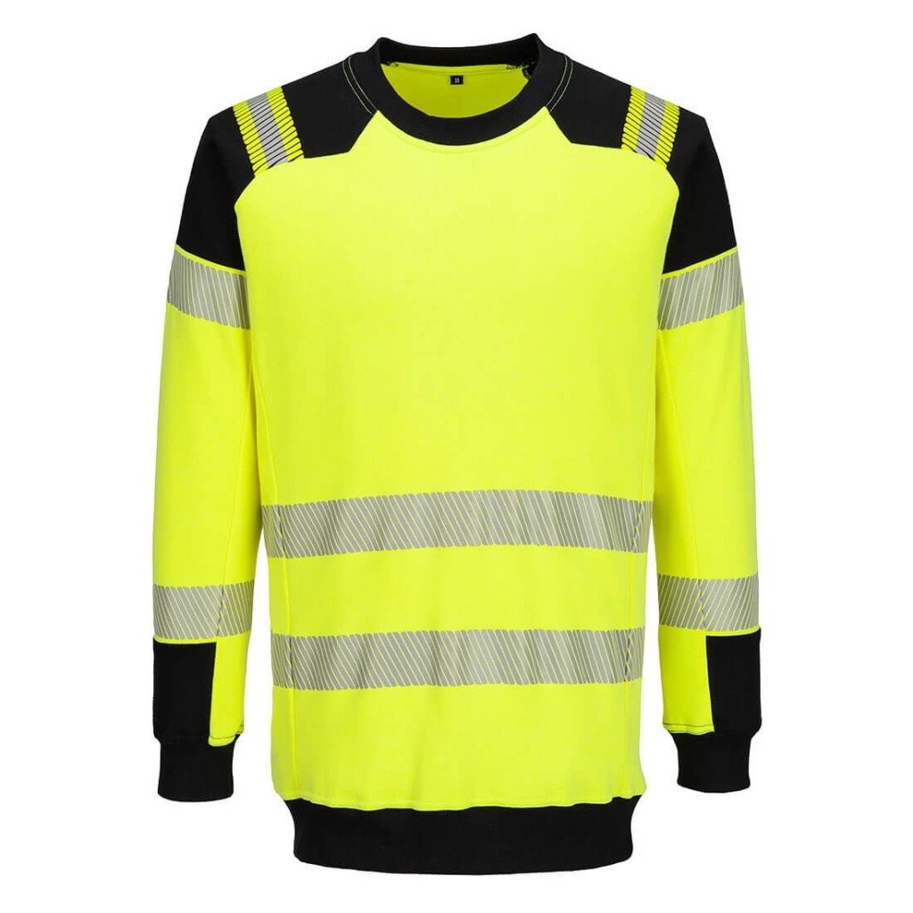 A high-visibility yellow work shirt featuring retroreflective tape panels, flame-resistant fabric, suitable for a wide range of outdoor and site work applications.