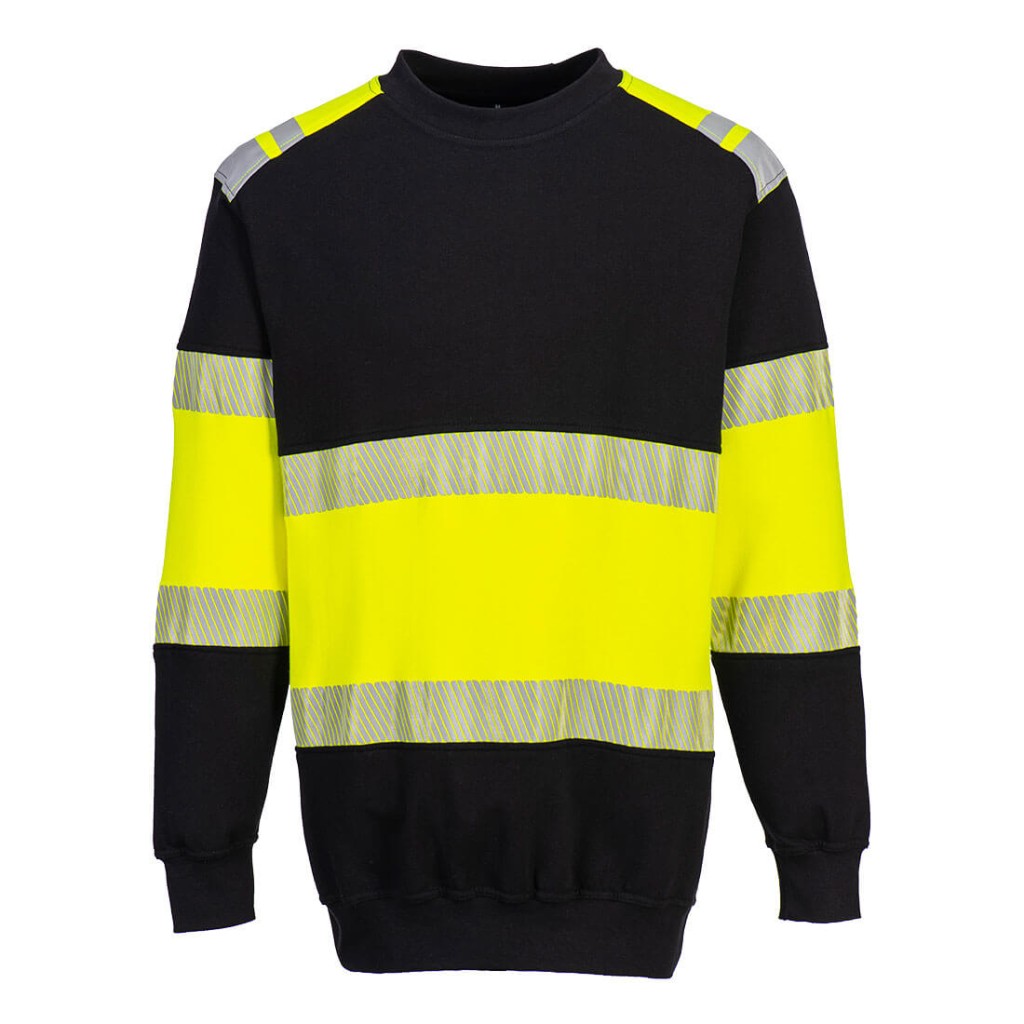 A high-visibility yellow work shirt featuring retroreflective tape panels, flame-resistant fabric, suitable for a wide range of outdoor and site work applications.