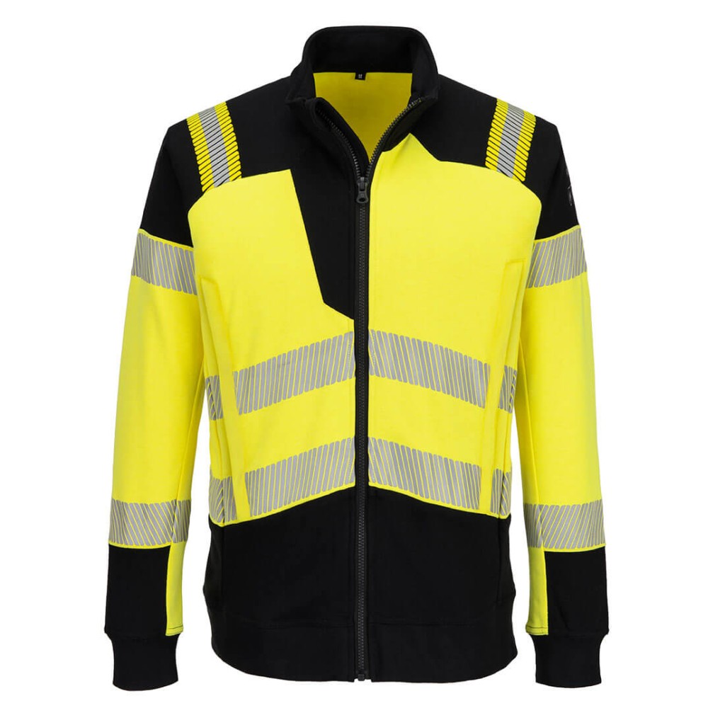 A high-visibility yellow work shirt featuring retroreflective tape panels, a full-length zip front, flame-resistant fabric, suitable for a wide range of outdoor and site work applications.
