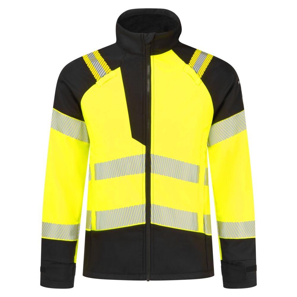 A high-visibility yellow softshell jacket featuring retroreflective tape panels, flame-resistant fabric, suitable for a wide range of outdoor and site work applications.