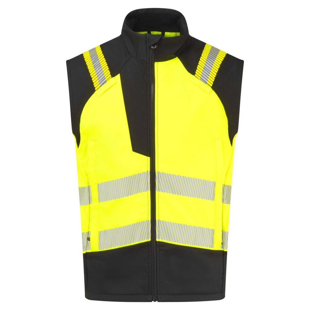 A high-visibility yellow vest featuring retroreflective tape panels, flame-resistant fabric, suitable for a wide range of outdoor and site work applications.