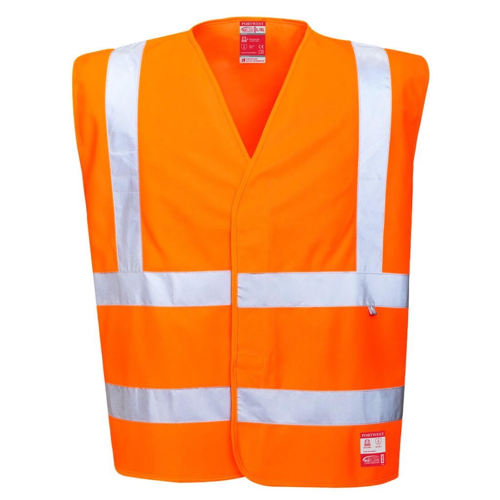A high-visibility orange vest featuring retroreflective tape panels, flame-resistant fabric, suitable for a wide range of outdoor and site work applications.