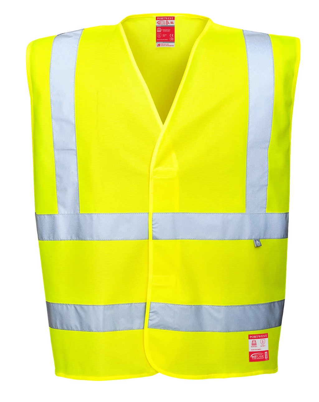 A high-visibility yellow vest featuring retroreflective tape panels, flame-resistant fabric, suitable for a wide range of outdoor and site work applications.