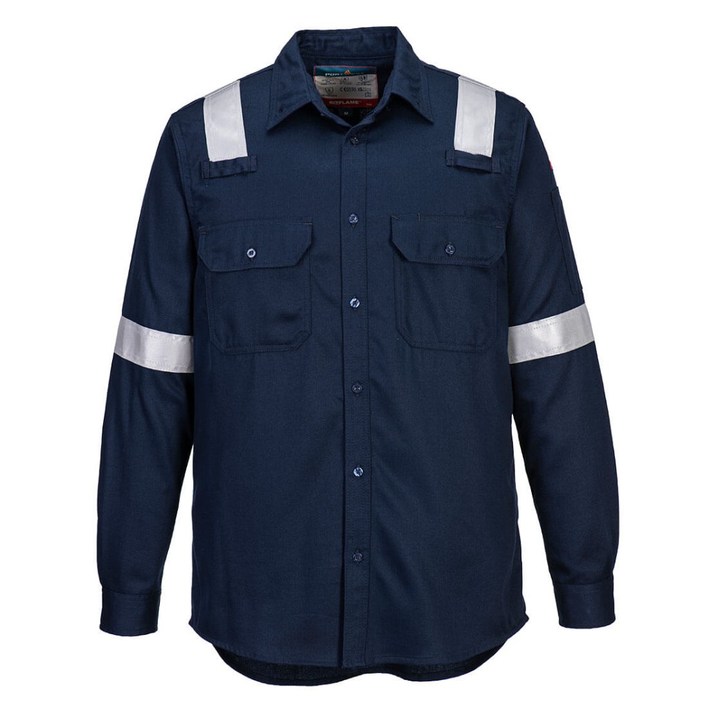 A navy blue work shirt featuring flame-resistant fabric, suitable for a wide range of outdoor and site work applications.