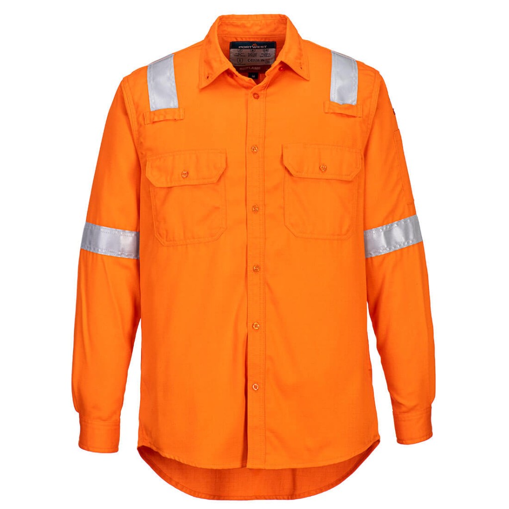 A orange work shirt featuring flame-resistant fabric, suitable for a wide range of outdoor and site work applications.
